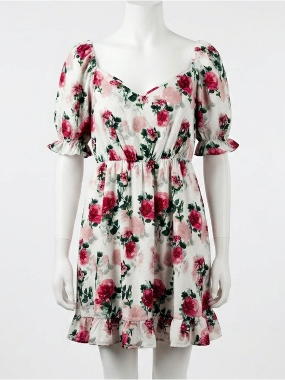 Floral Puff Sleeve Summer Sun Dress Sweetheart Neck Ruffle Hem Cottagecore XL